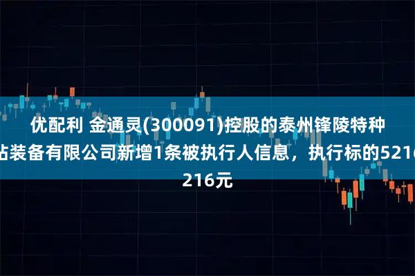 优配利 金通灵(300091)控股的泰州锋陵特种电站装备有限公司新增1条被执行人信息，执行标的5216元